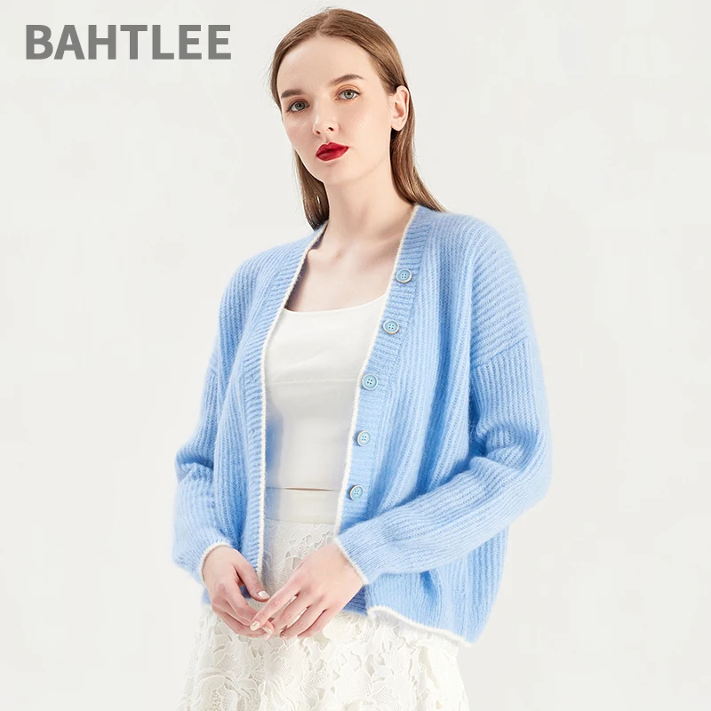 

BAHTLEE-Women's Mohair Knitting Cardigan, Wool Sweater, Long Sleeves, Button Design, V-Neck, Color Stitching, Autumn, Winter