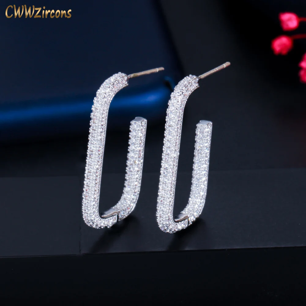 CWWZircons Shiny Pure White Cubic Zircon Micro Pave Geometric Rectangle Hoop Earrings for Women 2022 Trendy New Jewelry CZ858