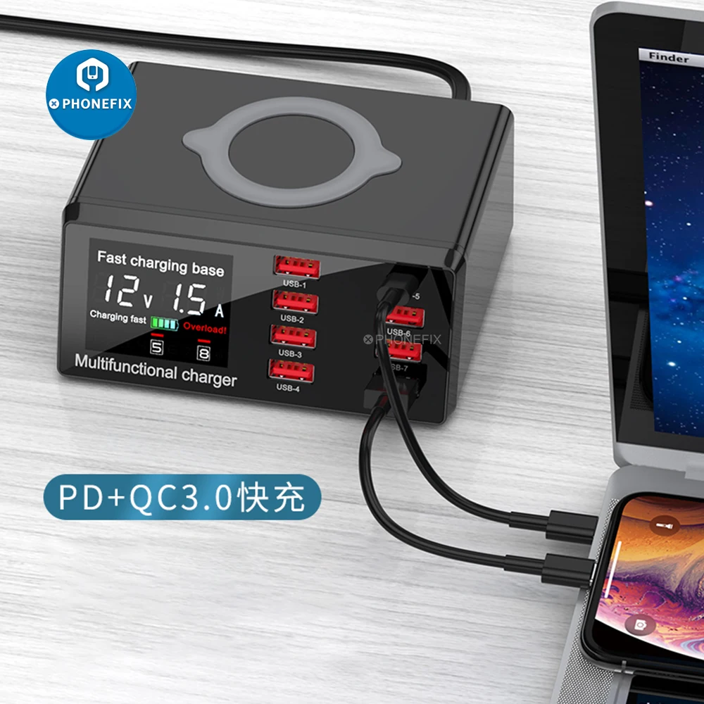 100W 8 Ports USB Fast Charging Station Quick Charge 3.0 Adapter HUB Wireless Dock Station PD Fast Charger For Mobile Device
