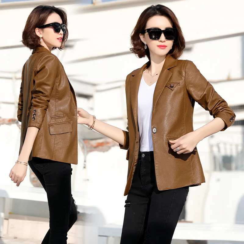 Women Leather Jacket 2021 Autumn Spring Womens Coat Korean Fashion Slim Clothing Khaki Black Veste En Cuir Femme Chaqueta Mujer