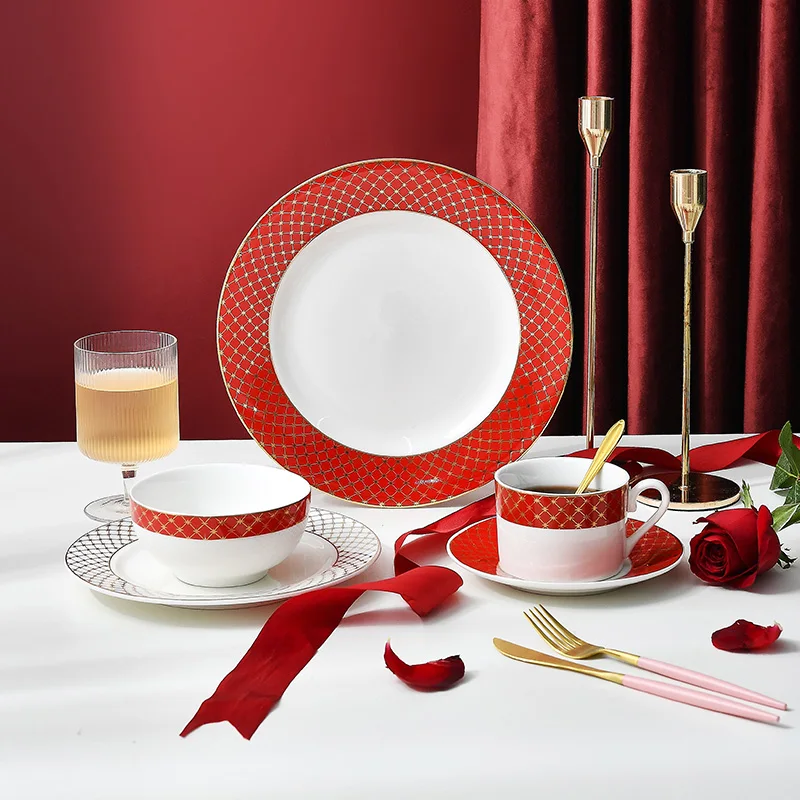 

European Household Red Dinner Plate Set Ceramic Coffee Teacup Saucer Set Holiday Tableware Rice Bowl Steak Plate