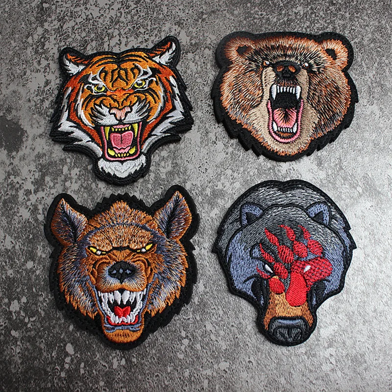 Ferocious Animal Embroidered Patches Hyena Bear Paw Wolf Tiger Shark Head Tactical Badges Emblem Accessory For Clothes Backbag