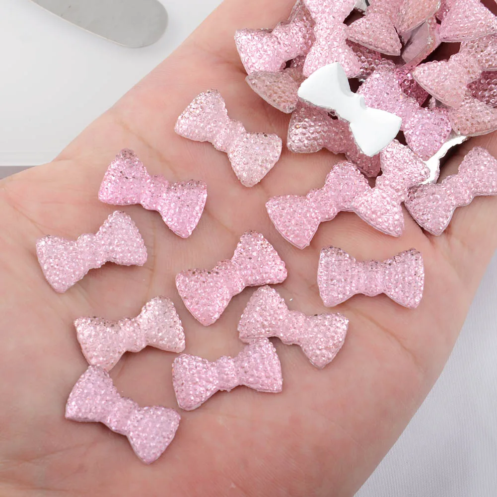 BOLIAO 20Pcs 12*20 mm (0.47*0.79 In) Bow Shape Resin Pink Scrapbook Shiny Delicate Clothes/Bags/Hats Decoration Craft DIY