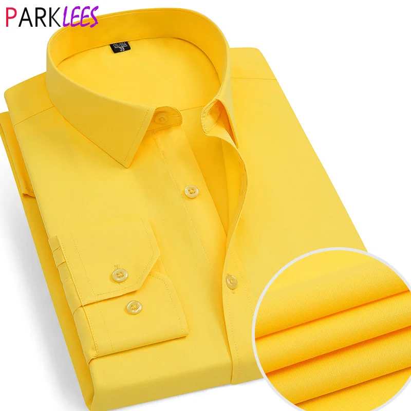 Yellow Mens Dress Shirts 2020 Brand New Slim Fit Long Sleeve Shirt Men Casual Button Down Chemise Work Office Business Chemise