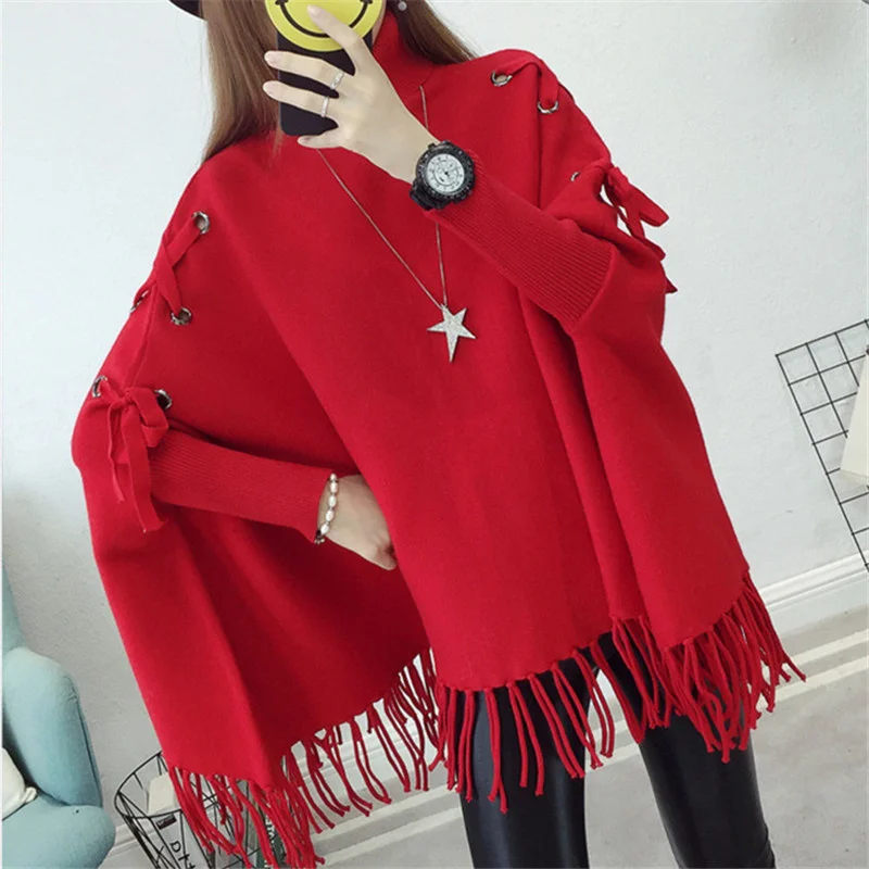 Women Cloak Sweater Drawstring Solid Casual Loose Batwing Sleeve Knitted Cape Pullover Spring Autumn Tassel Ladies Jumper Poncho