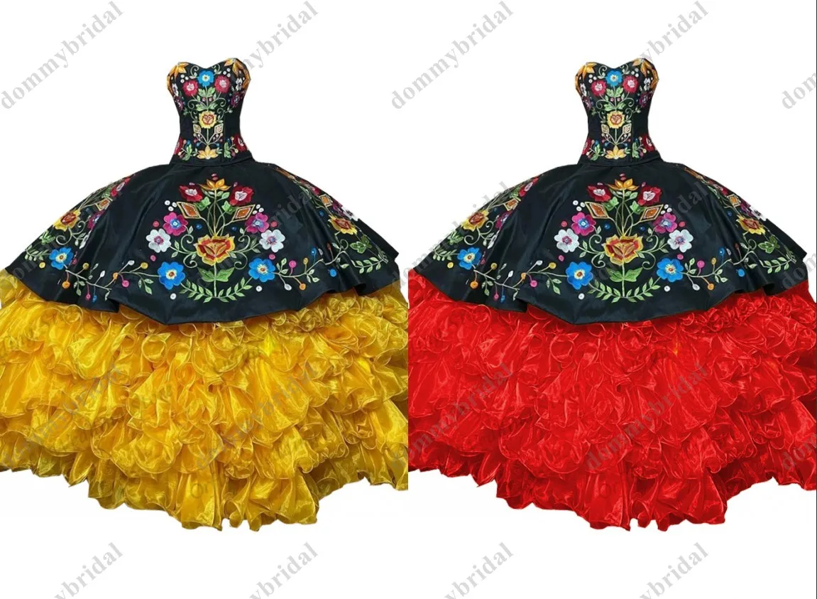 Gaun Pesta Formal Vestido De Sweet Hitam Kuning Menakjubkan Gaun Pesta 15 16 XV Anos 2023 Quinceanera Bordir Bunga Ruched