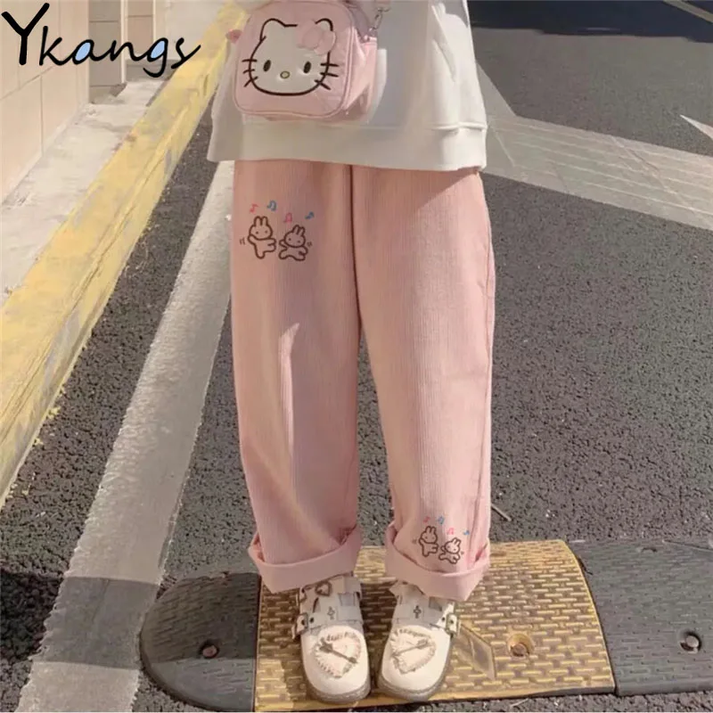 Women's Casual Baggy Cartoon Korean Fashion Corduroy Pants Harajuku Streetwear Kawaii Pink High Waist Leg Sweat Trousers Female