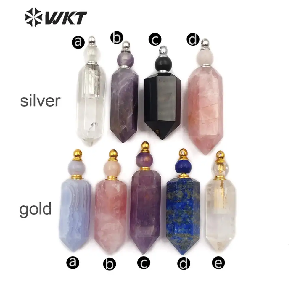 WT-P1463 Perfume Bottle Natural Stone Pendant Lapis/Rose Stone Gold/Sliver Color with stainless steel accessory Fashion Pendent