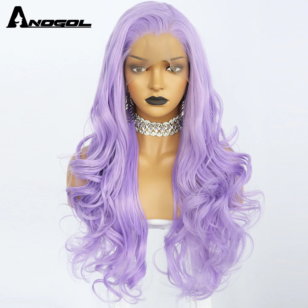 Anogol Purple Hair Synthetic Lace Front Wig Long Silky Wigs for Women High Temperature Fiber Lace Wig Cosplay Wigs