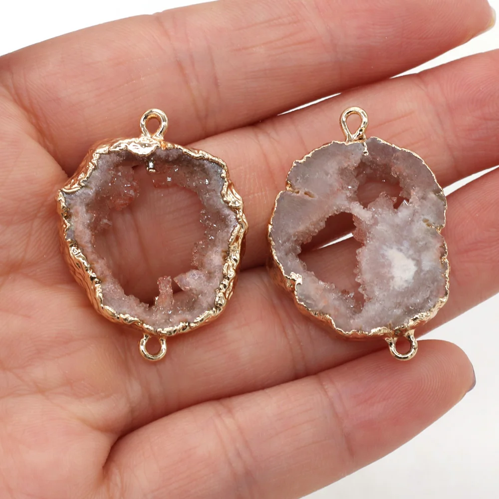 1pc Natural Druzy Pendants Gold Plated Double Hole Crystal Agates Connector for Women Jewelry Making Necklace Accessories