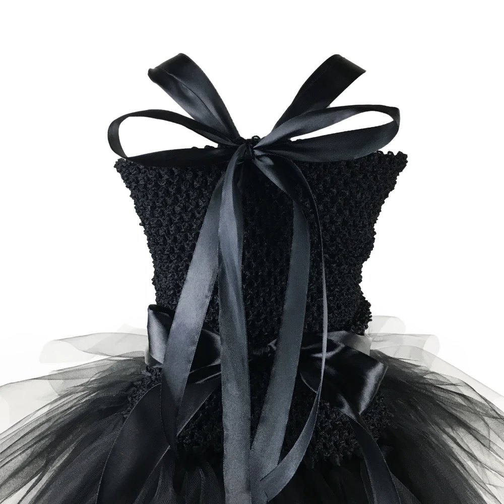 Ragazze Nero Lungo Trailing Tutu Capretti del Vestito Crochet Tulle Vestito Da Sera Dell\'abito di Sfera Dei Bambini Di Compleanno Del Partito di