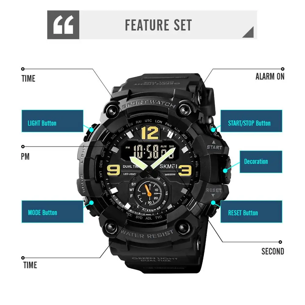 SKMEI Sport Electronic Watch for Mens Original Brand Military 3Time Fashion Led Light Digital Wristwatch Waterproof Clock