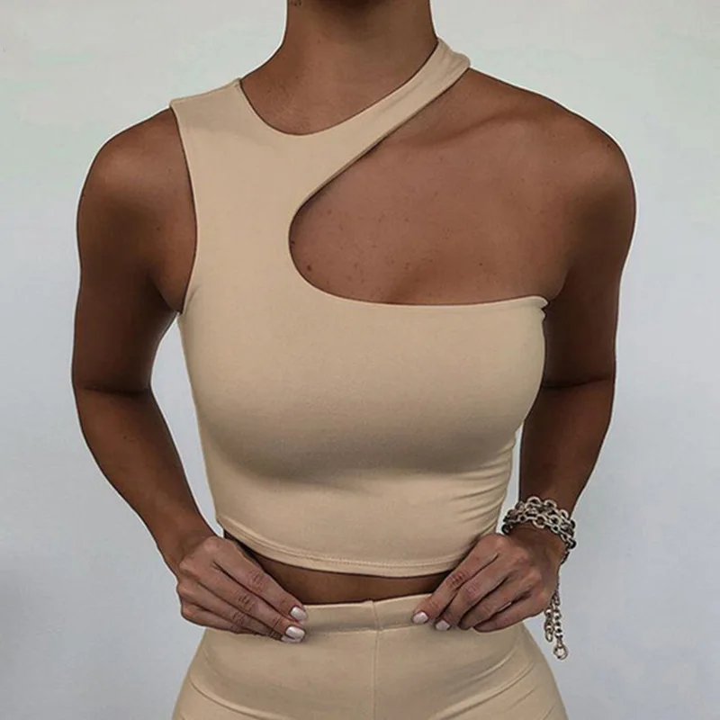 Cut Out Sexy Crop Off Schulter Solide Dünne Sport Kurze Tops Frauen Tank Unregelmäßigen Sommer Rohr Tops – Detail 7