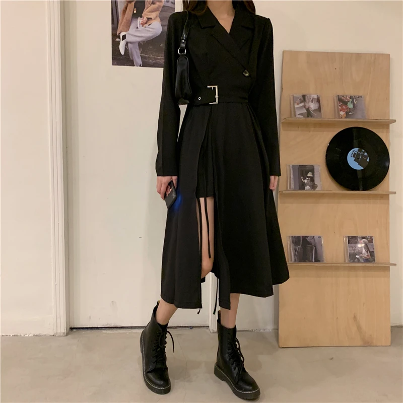 Spring Autumn Korean Fashion Long Sleeve Blazer Dress Women Sexy Notched Collar High Split Gothic Long Sashes Vestidos 2023