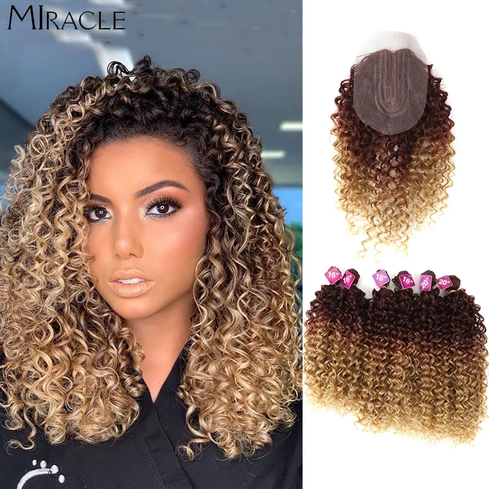 

Afro Kinky Curly Hair Extensions Ombre Blonde 16-20Inch Synthetic Hair Bundles With Closure Weave Hair High Temperature Fiber