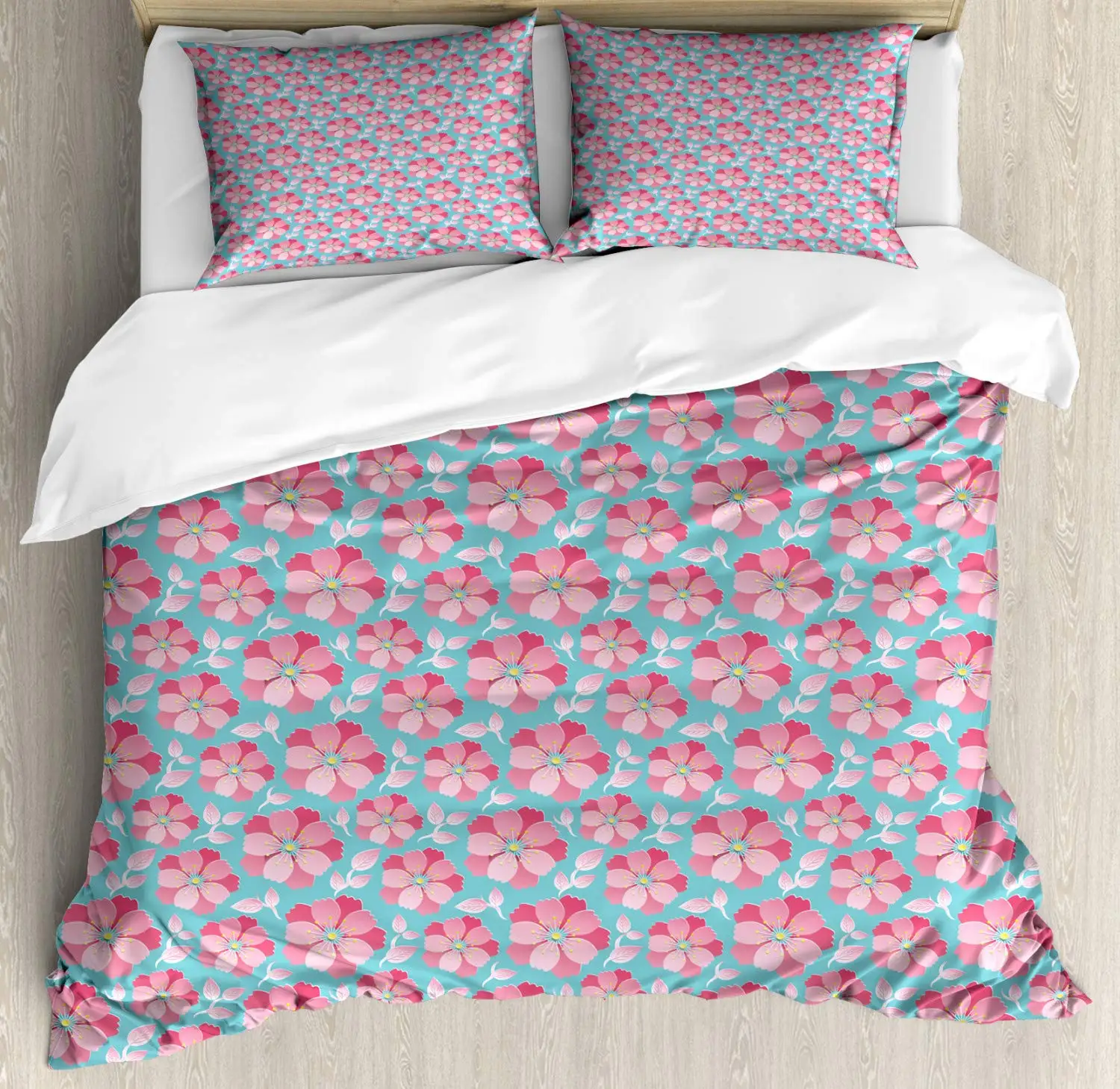 

Blue and Pink Duvet Cover Set Abstract Petals and Leaves 3 Piece Bedding Set Turquoise Pastel Pink Dried Rose and Pastel Yellow