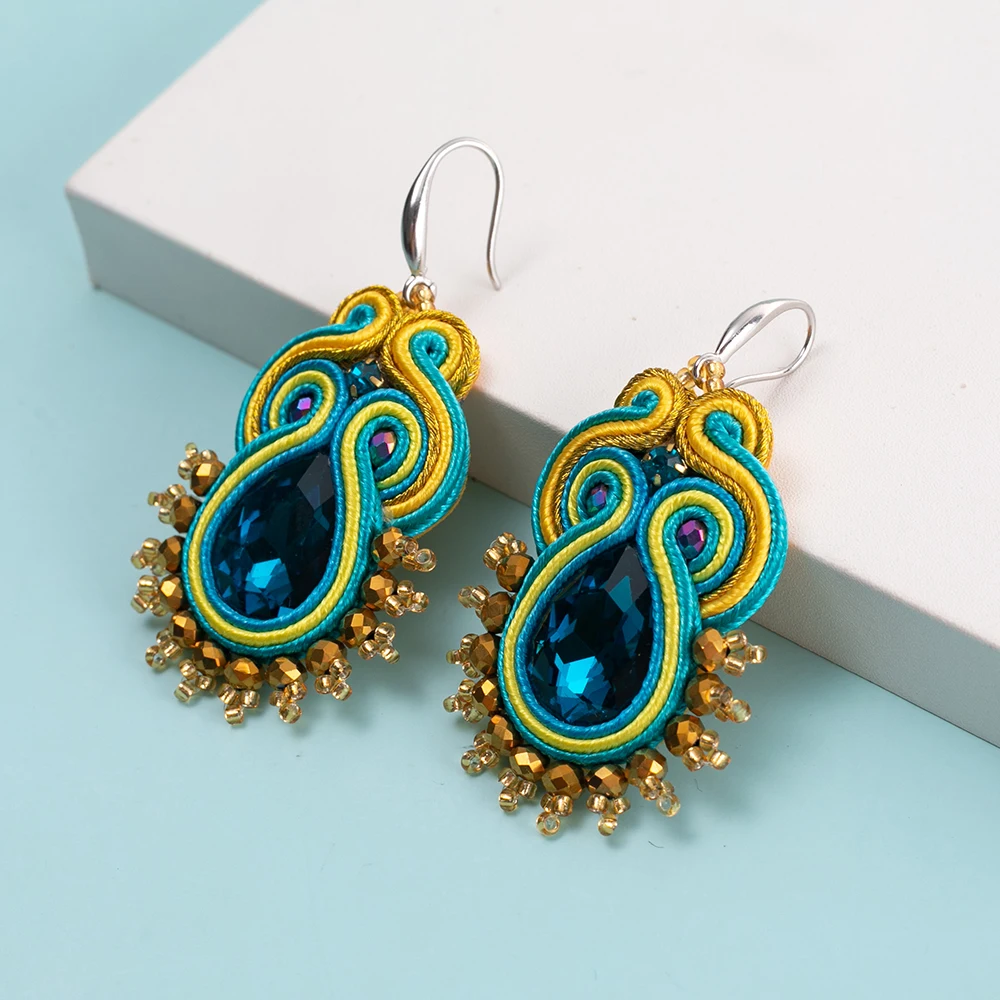 Fashion Handmade jewelry Soutache earrings for women Ethnic boho Hook Dangle earring Colorful Crystal earring Pretty New trend