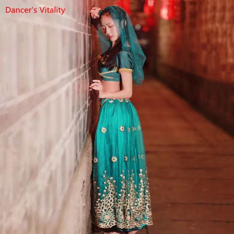 Traje de danza del vientre, Top de manga corta, pantalones bordados, Ropa de baile india, pantalones femeninos, conjunto de ropa Oriental de