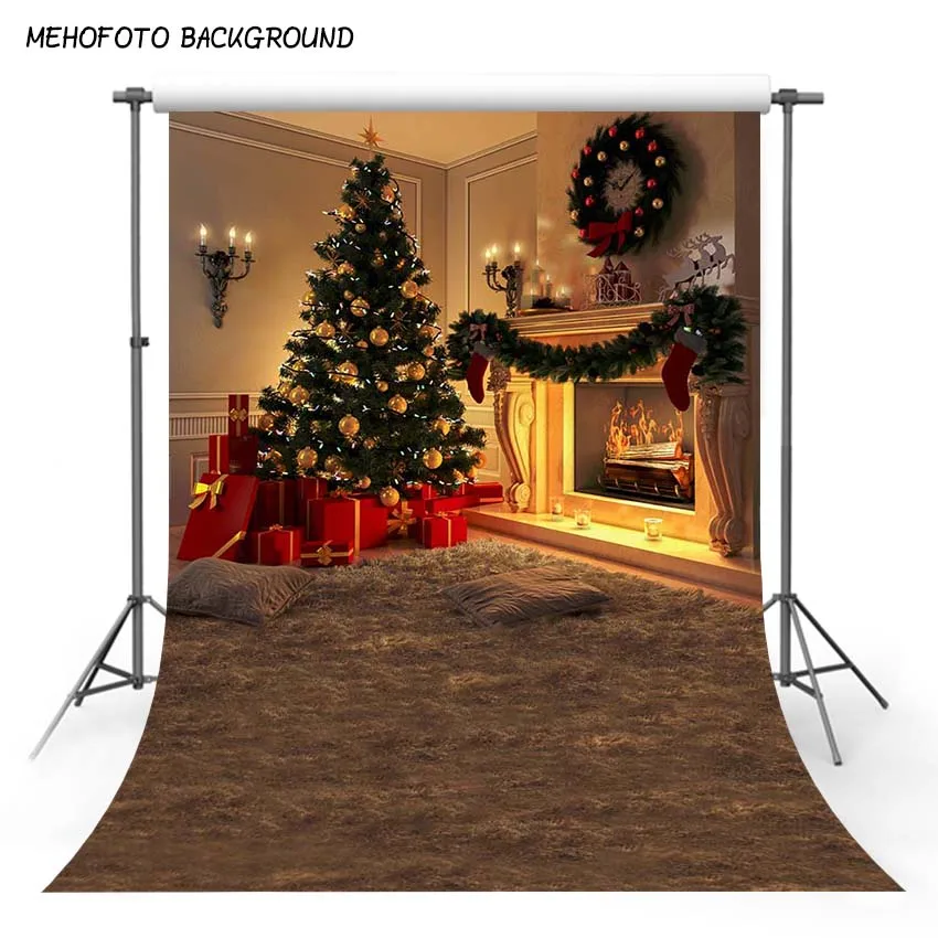 Christmas Background for Photo Studio Winter Snow Christmas Tree Fireplace Wreath Wood Floor Photocall Backdrop Photo Studio