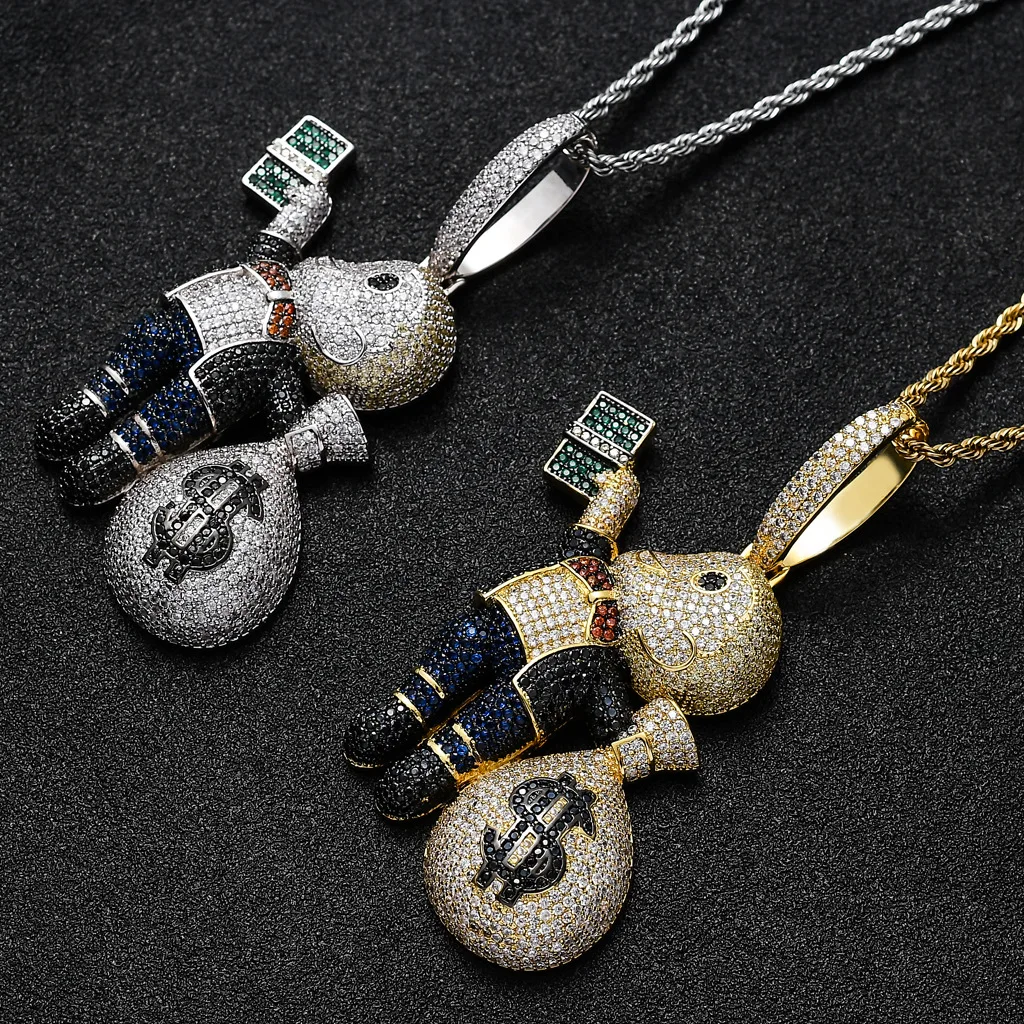 

Anztilam Hip Hop Bling Iced Out Money Bag Pendants Necklaces Zircon Cuban With Rope Chain Choker For Men’s Jewelry