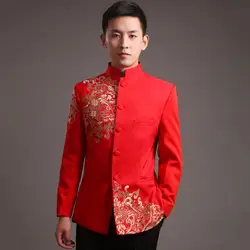 Chaqueta tradicional china para novio Tang Vintage, ropa de boda para hombres, abrigo rojo bordado Zhongshan Blazer