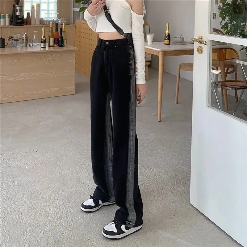 Jean Vintage taille haute à lacets pour femmes, pantalon surdimensionné à jambes larges, Baggy, Streetwear, noir, bleu, vêtements rétro, été, XS-XXL