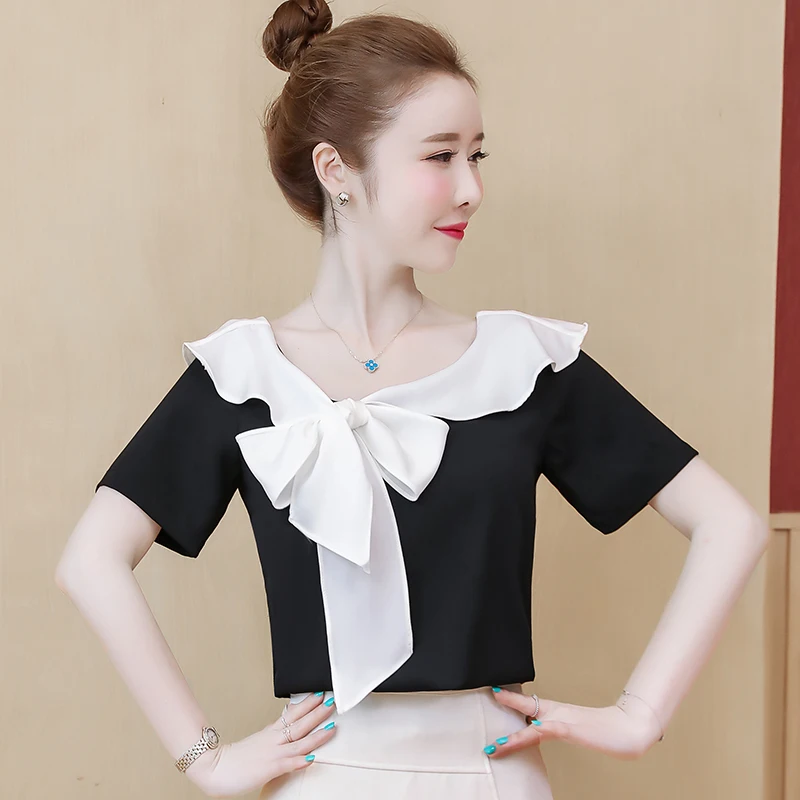 

Women T-shirt 2021 New Summer Short Chiffon Bow Temperament Female T-shirt Korean Style White Black Patchwork c87