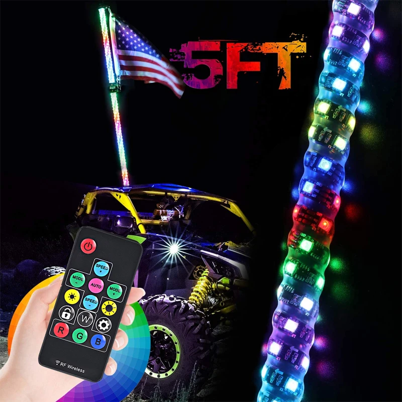 

Motorcycle Lighted Spiral LED Whip 3FT 4FT 5FT Antenna wIth Flag LED RGB Flagpole Lamp with Remote Control for Jeep ATV UTV