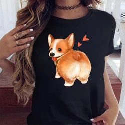 Maycaur Funny Cute Corgi Dog Printed T-Shirt Harajuku 90s Kawaii Women Short Sleeves T Shirts Tops Graphic Tees Female Tshirt