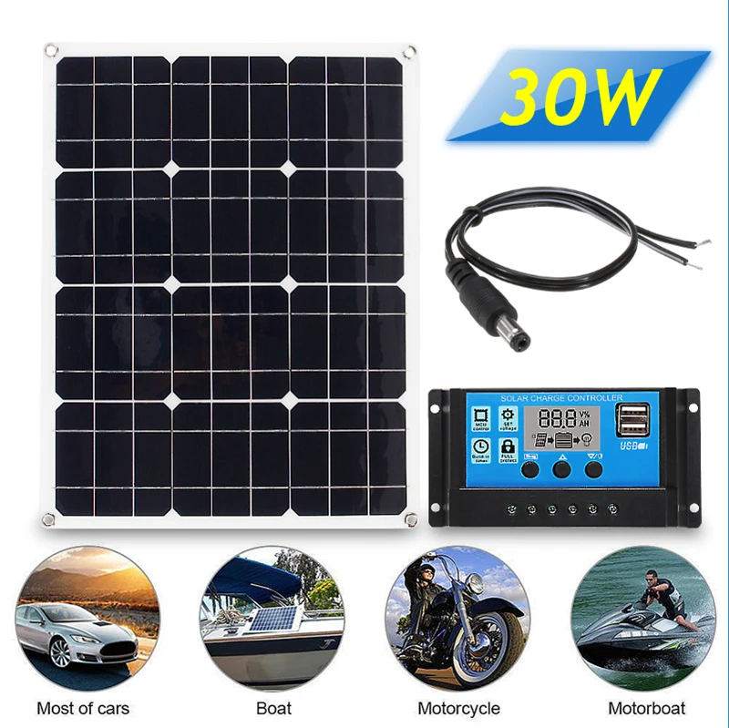 

3in1 30W 12V/5V DC USB Solar Panel Kit Solar Power System Suit 20A PWM Multifunction Controller 30cm DC Cable free shipping