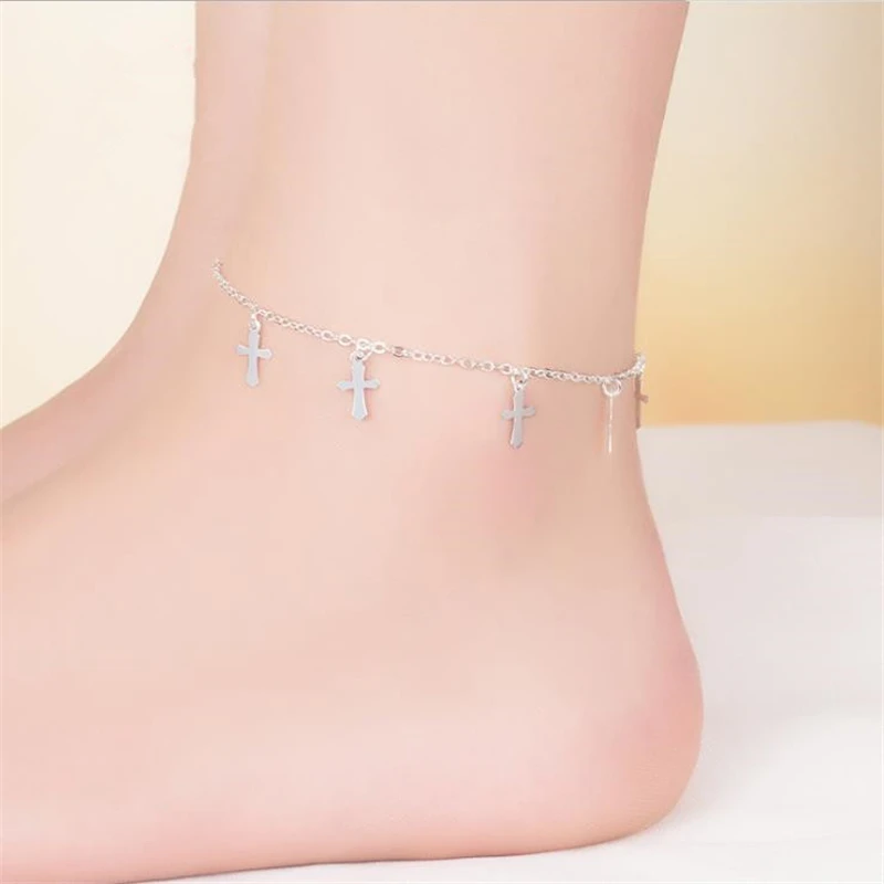 KOFSAC New Fashion 925 Sterling Silver Anklets For Women Exquisite Cross Pendant Ankles Chain Bracelet Jewelry Girl Party Gifts