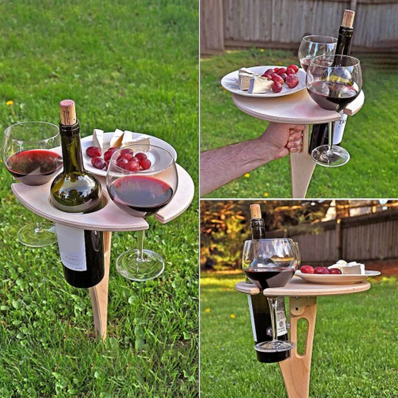 Outdoor Portable Wine Table, Foldable Round Desktop, Garden Furniture, Mini Wooden Picnic Table, Salon