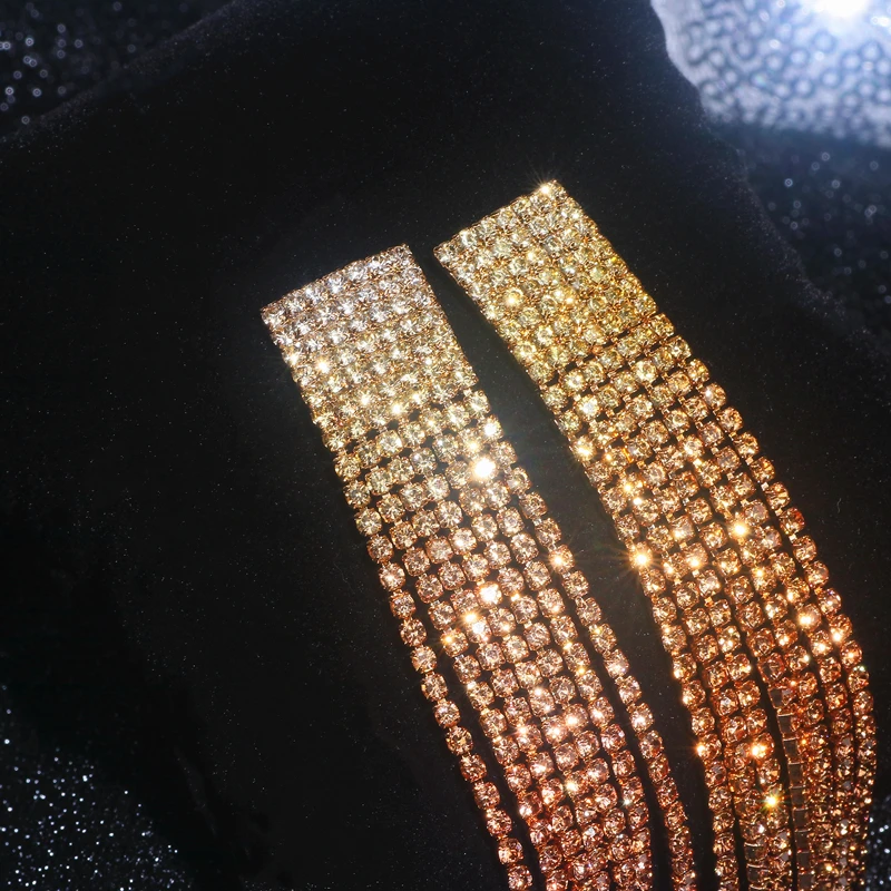 New Elegant Crystal Tassel Long Earrings for Women Shiny Rhinestone Drop Dangle Earrings Wedding Party Big Earrings Jewelry Gift