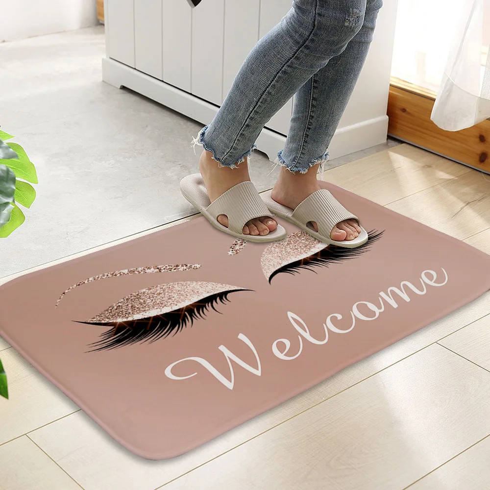 Rose Golden Glitter EyeLash Lashes Welcome Door Mat Sparkly Makeup Rubber Doormat Rug Carpet Chic Home Beauty Studio Decor