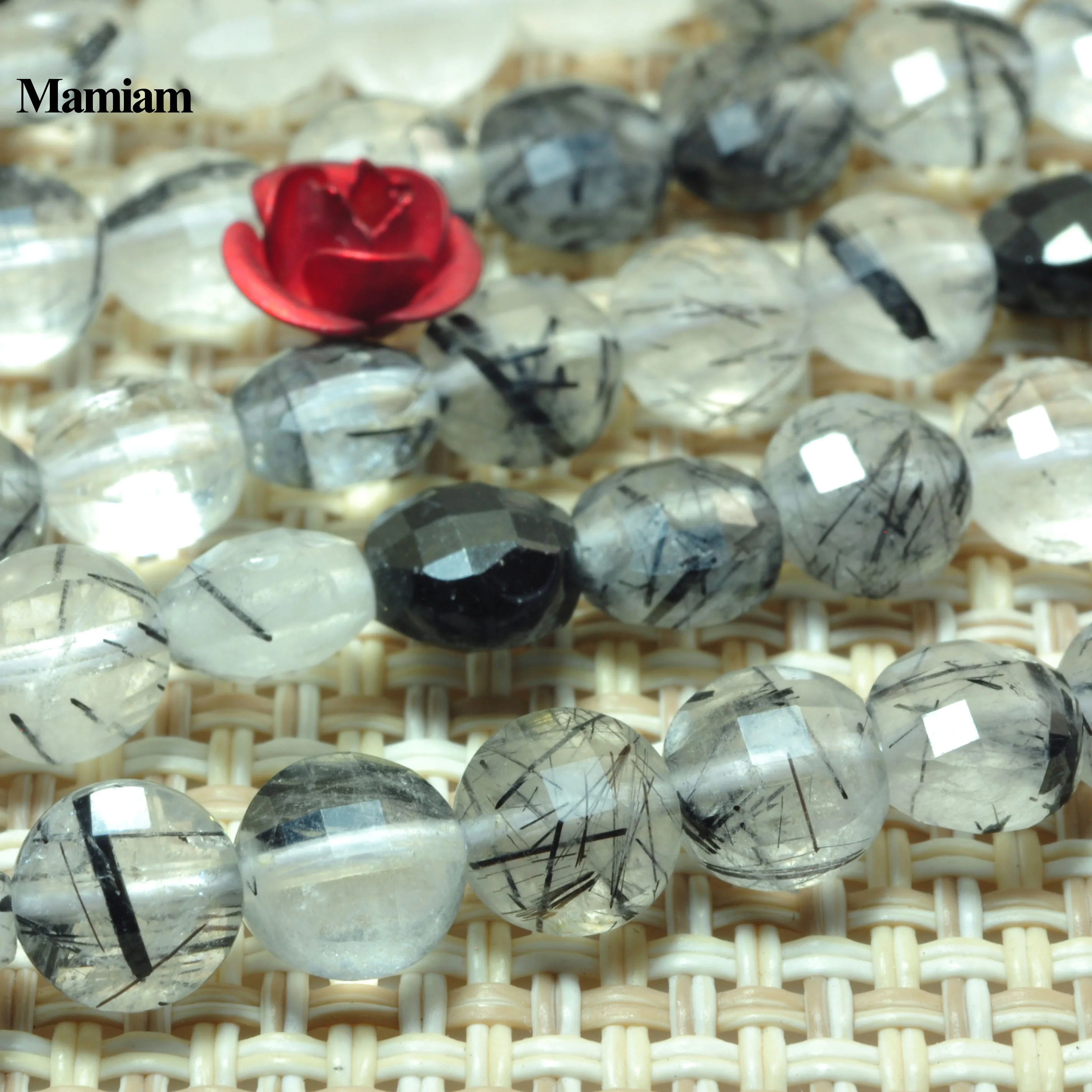 Mamiam Natural Black Rutilated Quartz Faceted Flat Stone Smooth Round Beads 4mm 6mm DIY Bracelet Necklace Jewelry Making Design
