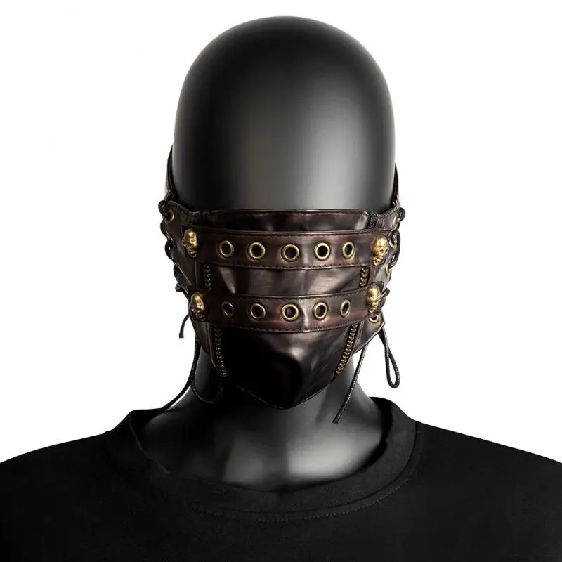 

Halloween Cosplay Face Mask Unisex Steam Punk Style Sun Wind Blocked Synthetic Leather Brown Bandage Skeleton Zipper Dust Mask