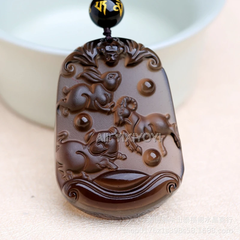Natural Black Ice Obsidian Carved Chinese Handmade Twelve Zodiac Blessing Amulet Pendant Beads Necklace Trendy Gift Jewelry view 2