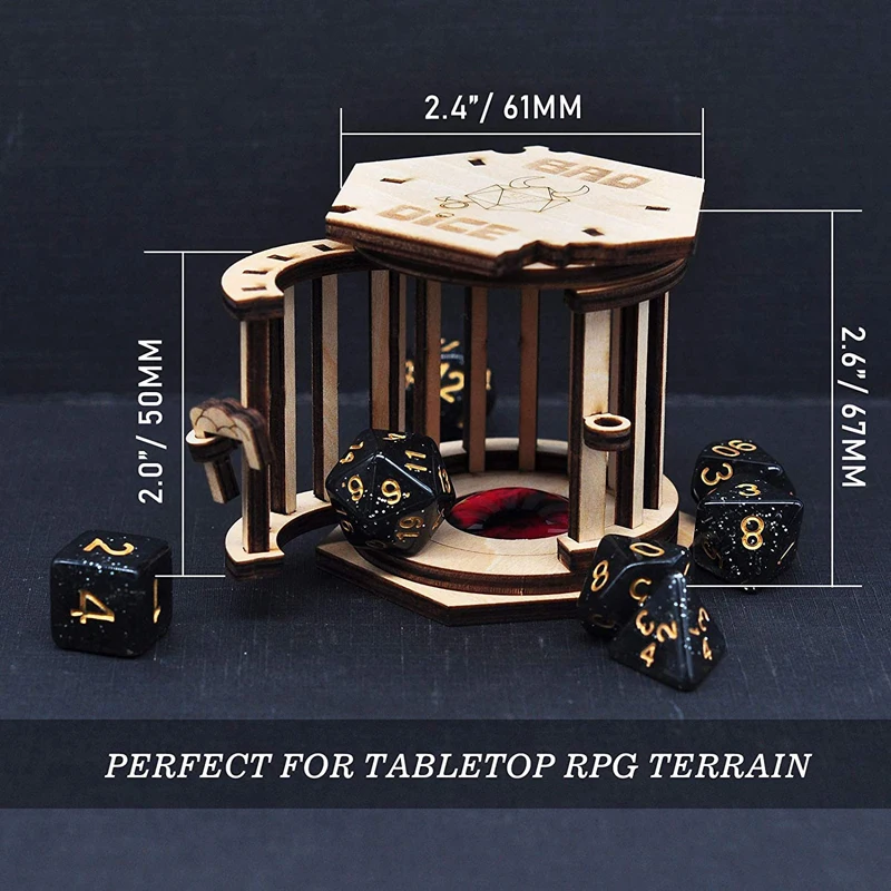 DND Dice Jail Prison with Polyhedral Dice Set Wood Cage for Your Bad Dice