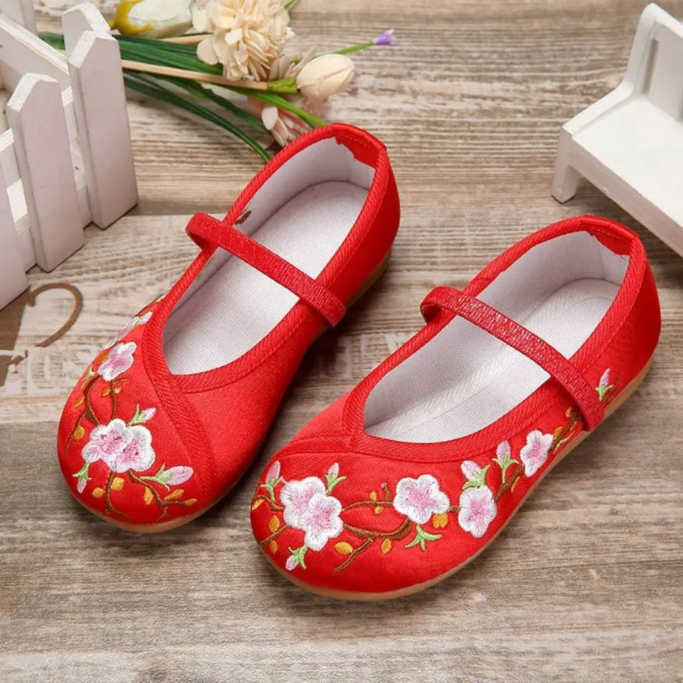 Bailarinas de lona bordadas con flor de melocotón para mujer, zapatos de Cosplay, Hanfu chino, cómodos, informales, sin cordones