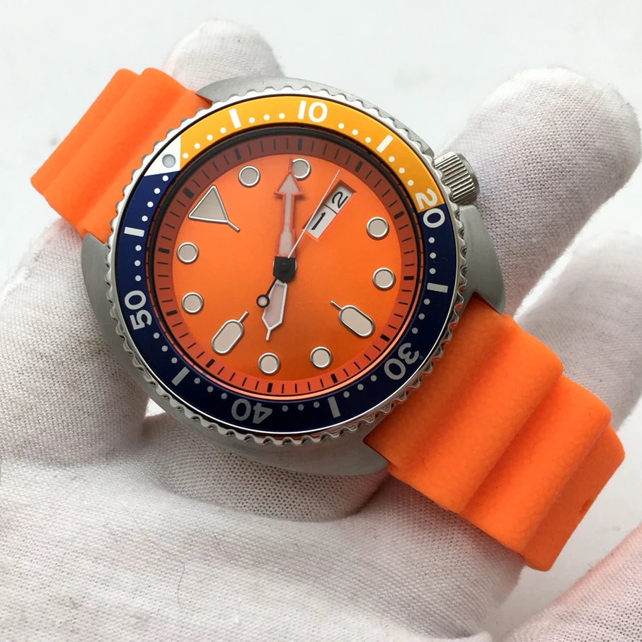 Reloj de buceo mecánico automático para hombre, pulsera con movimiento aséptico, esfera naranja, carcasa plateada, Correa naranja, PARNSRPE B0001, 45MM, NH36A