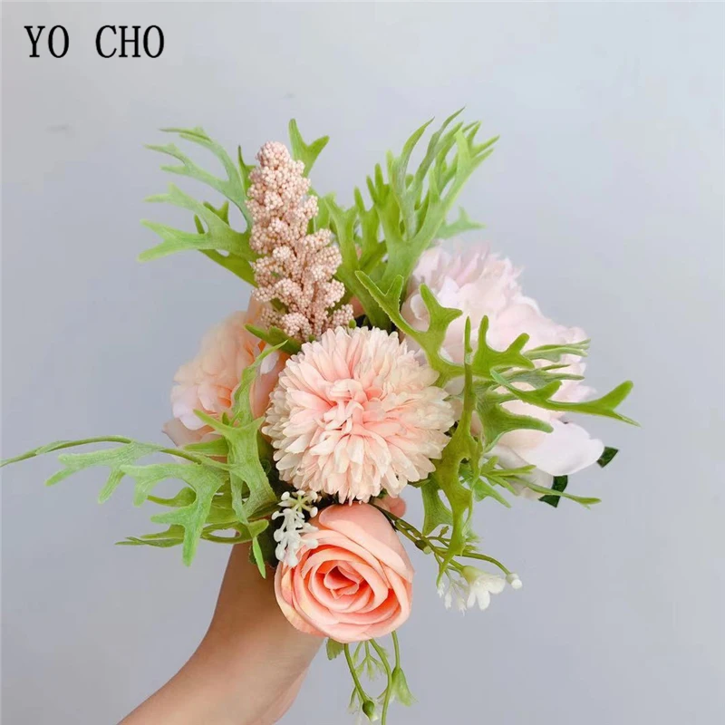 YO CHO-flores artificiales de champán, peonía de seda, rosa, ramo de novia, decoración del hogar, boda, álbum de recortes, bricolaje, ramo Flore de tela