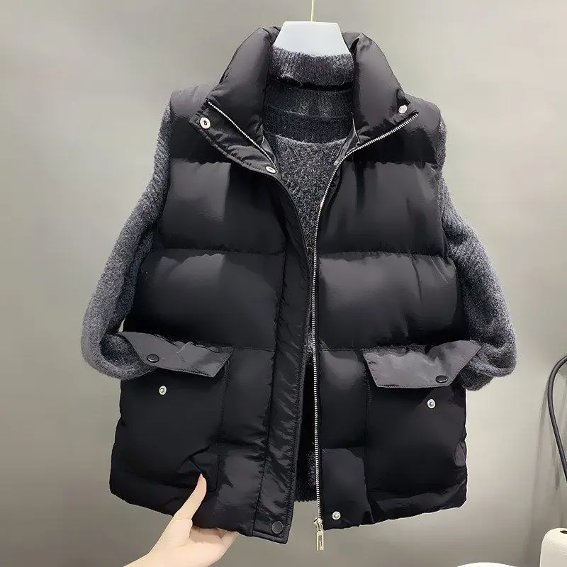 

5XL Women Winter Warm Cotton Padded Puffer Vests Sleeveless Parkas Jacket High Collar Waistcoat Female Casual Outerwear Chic Top