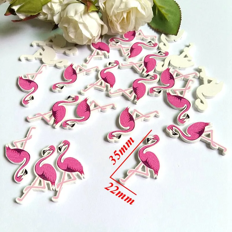 50 sztuk/partia drewniane dekoracyjne Flatback dla rzemiosła dekoracji akcesoria Cartoon flamingi przycisk DIY akcesoria 22*22mm