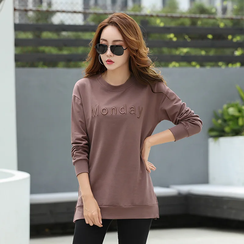 

ZuoLunOuBa 2021 Spring Autumn Fashion Women T Shirt Loose Long Sleeve Embroidered Harajuku Letters Monday Pink Tops Female