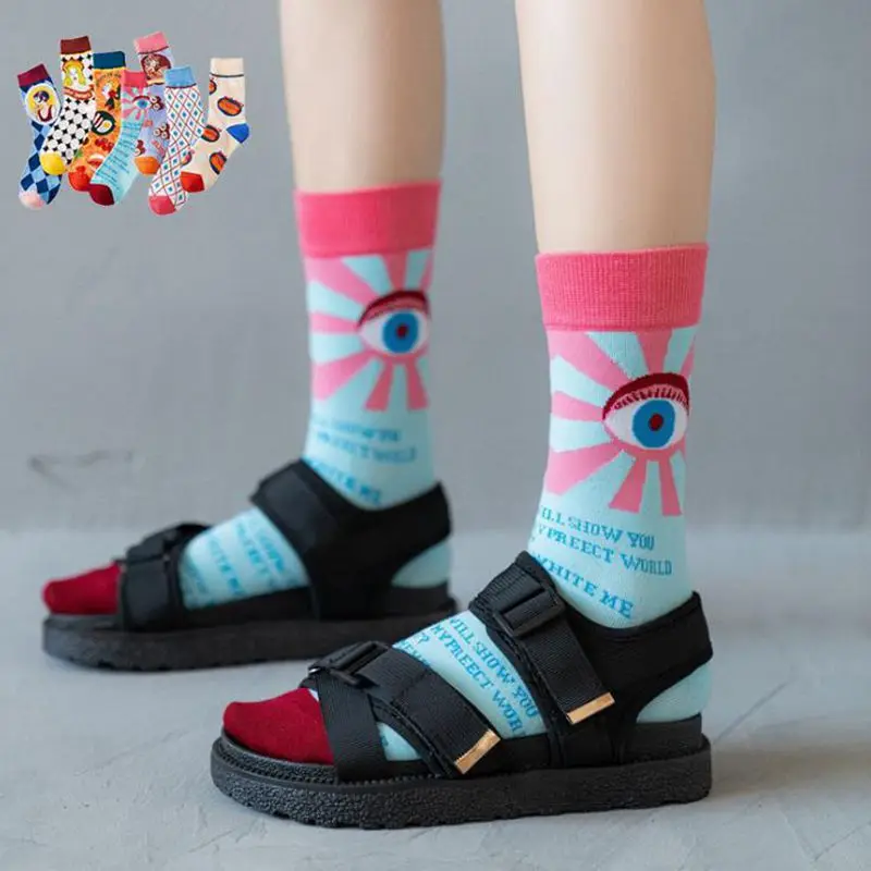 Spring Collection of Japanese Lolita Women\'s Wear Cartoon Woman, Eyes, Diamond, Diamond Squares,Hot Dog Pattern Cotton Socks