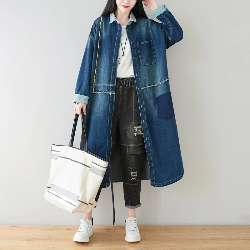 Women Oversized Long Denim Trench Big size Loose Patchwork cowboy Windbreakers Baggy Vintage Cardigan Long  Jean Outerwear