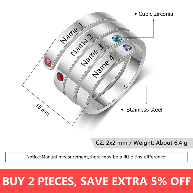 Personalized Stainless Steel Stackable Rings for Women Engrave Name Ring with 4 Birthstones Custom Family Gift (RI103803)