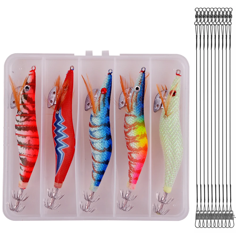 

15Pcs Fishing Squid Jig lure Steel Wire Leader set Wood Shrimp bait Octopus Cuttlefish Lead Jigs Artificial bait Tackle