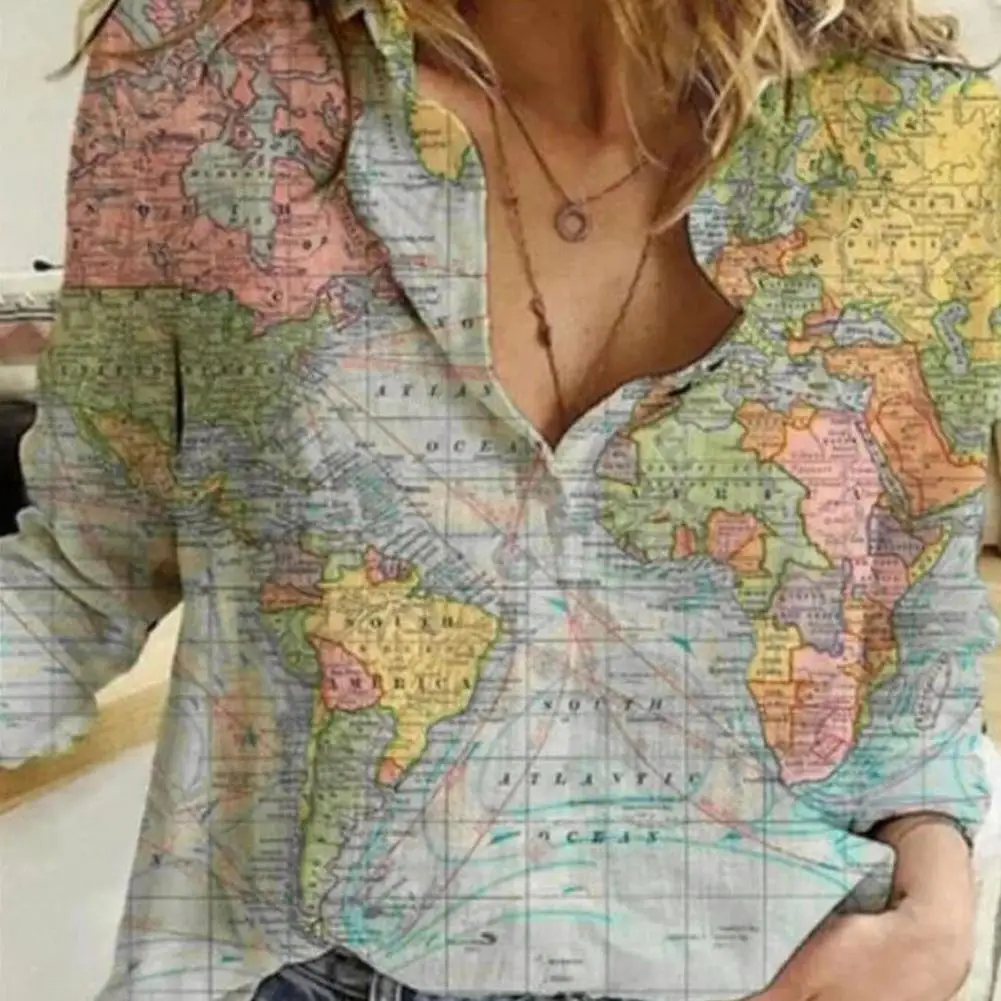 World Map Print Shirt Lady Long Sleeve Blouse Summer Daily Causal Tops Single-breasted Turn-down Collar Geography Pattern Shirt