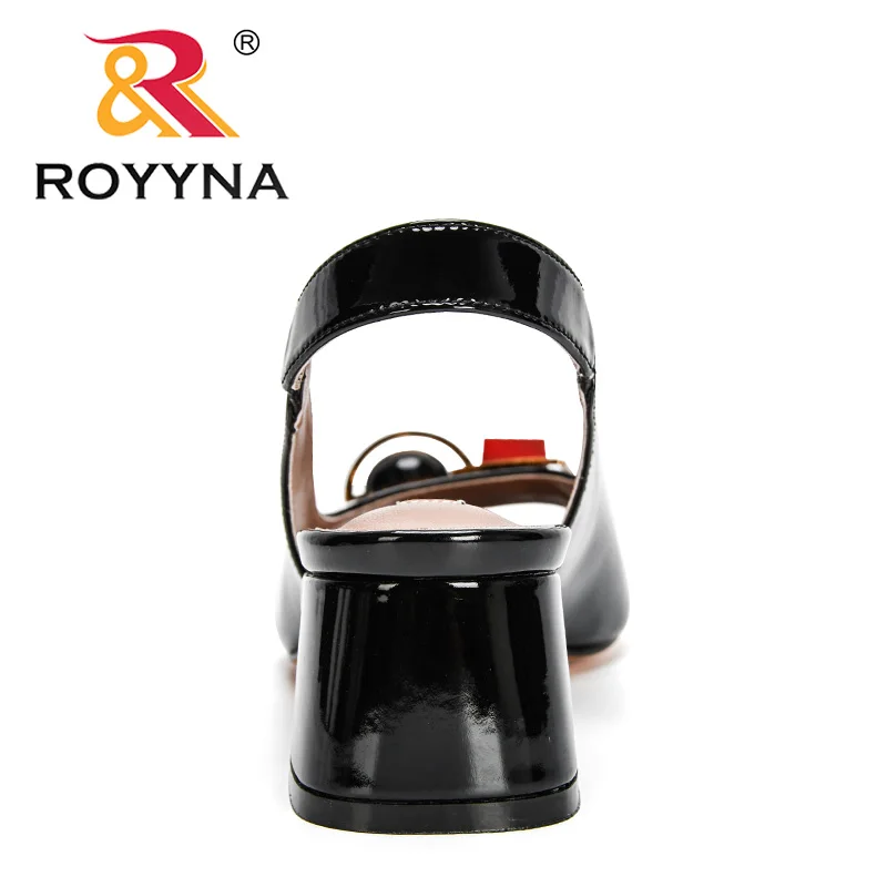 ROYYNA 2021 New Designers Genuine Cow Leather Summer Women Sandals High Heel Height Buckle Strap Metal Decration Shoes Feminimo